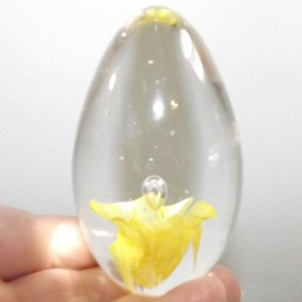 Vintage Clear Glass with Yellow Flower Paperweight